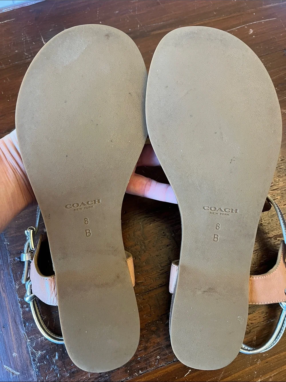 Coach Metallic Silver Leather T-Strap Sandals with Tan Footbed